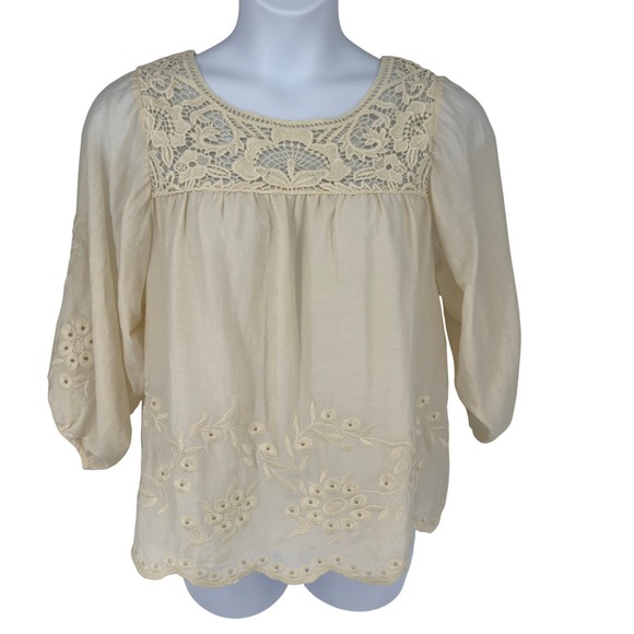 hazel Tops - Hazel Lace Embroidered Peasant Blouse L